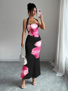 Elenzga Damen Sommer 2025 Neckholder Kleid mit Taillenbindung, schlanke Passform, mittellang mit Muster - Schwarz - Übersicht 6