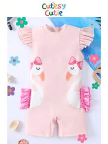 SHEIN 年輕女孩針織卡通印花短飛袖休閒一件式泳衣 - 淺粉色 - 查看 1