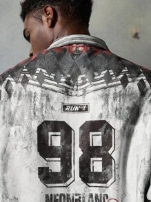 NEON BLANC 男士数码印花拉链休闲长袖 T 恤，情绪摇滚，秋季，2000 年代风格 - 黑與白 - 查看 5