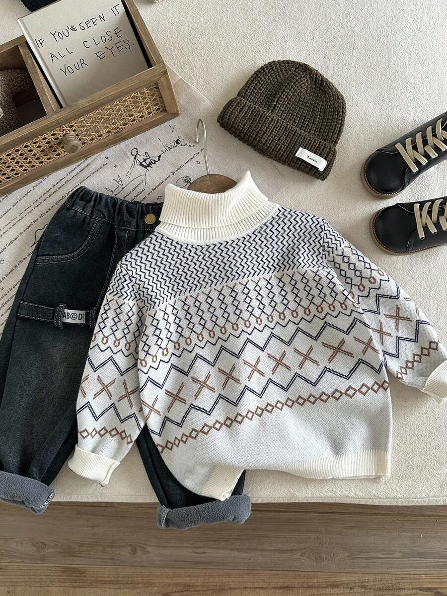 SHEIN Young Boy Geometric Pattern Turtleneck Long Sleeve Casual Sweater Fall Winter - Multicolor - View 1