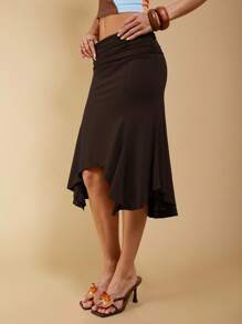 COSMINA Women's Elegant Asymmetrical Ruched Brown Skirt, Suitable For Spring/Summer Vacation