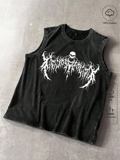 Goth Débardeur délavé à col rond sans manches avec imprimé gothique sombre, Halloween