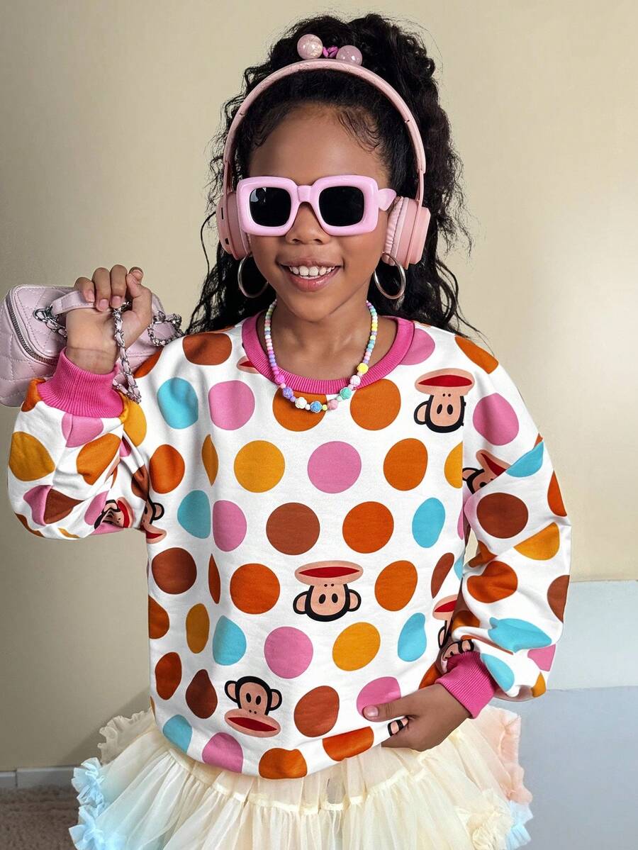 Paul Frank X SHEIN Tween Girl Fall/Winter Streetwear/Cute Basic/Daily Wear Cartoon Pattern Round Neck Sweatshirt,Comfortable/Warm - Multicolor - View 1