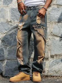 Manfinity EMRG Men's Avant-Garde Hip Hop Streetwear Button Destroyed Wide-Leg Jeans Hang Out Street College - Blue - View 4