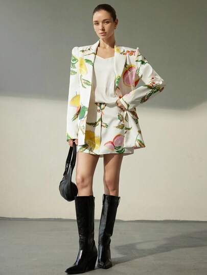 Aveloria Modichic Set de 2 piezas de minifalda de un solo pecho con estampado aleatorio de frutas y flores para uso diario