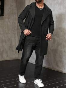 Manfinity Homme Men's Casual Versatile Solid Color Black Double-Breasted Trench Coat, Old Money , Fall - Black - View 5