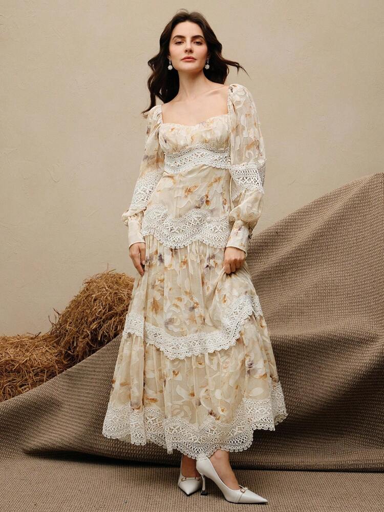 クリームイエロー ロングスリーブドレス ロマンチックなタイダイ、ジャガード、ホロウレーストリム、フレアヘム、休暇、休日、デート、春秋に優雅