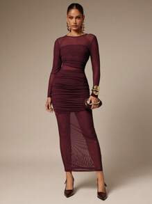 Silquee 女式纯色圆领长袖褶皱网眼修身连衣裙 - 棕色 - 查看 5