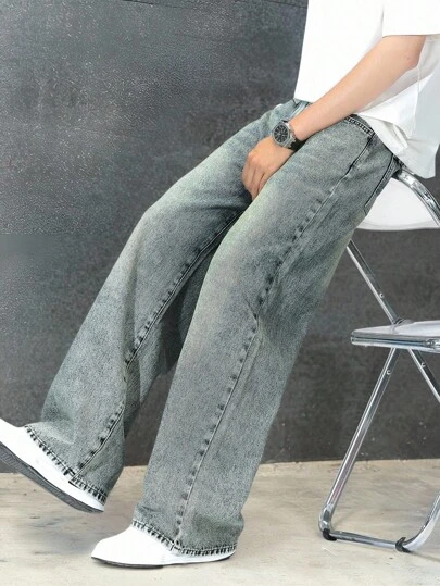Tween Boy Loose Fit Washed Vintage Faded Blue Straight Leg Jeans, Casual Versatile Long Pants For Daily Wear, School With Cool Vibe Fall Winter
