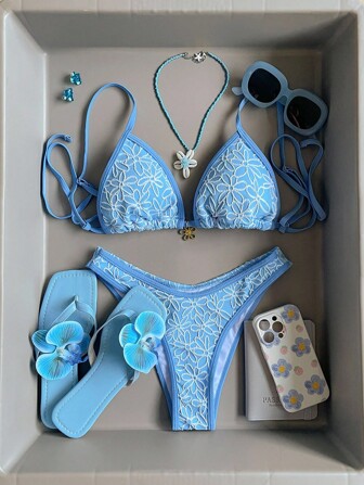 Swim Mod Set de 2 piezas de conjunto de ropa de playa de verano para mujer, top con tirantes finos con decoración floral texturizada y Bottom tipo bikini de talle alto, traje de baño