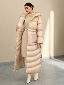 CLARA VERO Women Solid Color Belted And Pocket Detailed Long Winter Coats Women Winter Coats Winter Outfits For Women Women's Winter Coats Beige Puffer Coat Long Puffer Coat Luxury Puffer Coat Women's Beige Outfits - Beige - View 4
