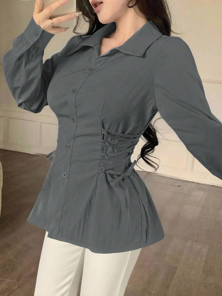 Modelyn 时尚休闲纯色交叉系腰衬衫