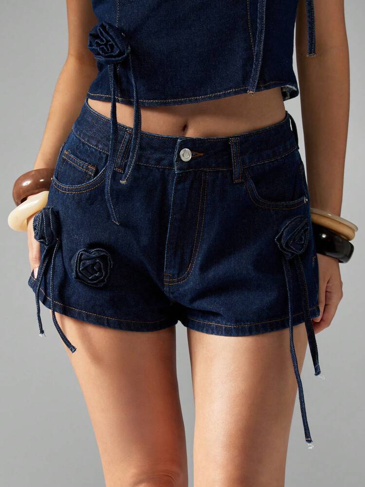 MISSGUIDED Denim Hot Pants With Rose Applique Summer Festival Beach High Waist Mini Shorts Drawstring Detail Retro Y2k Style Embellished Decoration Mini Length