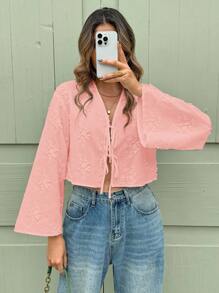 SHEIN Clasi Kemeja Kasual Musim Panas Wanita Warna Polos dengan Bordir Tiga Dimensi dan Ikatan Depan - Dusty Pink - View 5