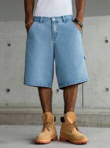 Manfinity Hypemode 男式休闲街头风格多口袋蓝色牛仔工装短裤