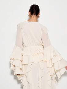 KIZN Áo choàng voan dài xếp nếp thanh lịch có tay chuông ấn tượng, thích hợp mặc đi biển, dự tiệc cưới, tiệc tối, mùa hè, mùa xuân - trắng - Xem 2