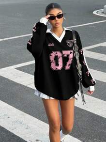 SHEIN EZwear Casual Colorblock Polo Collar Long Sleeve Loose T-Shirt, Suitable For Autumn/Winter, Sports Games, Bow Print, Number 07 Print, Plus Size