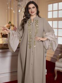 Al Najma Jubah Panjang Mewah Elegan Minimalis Berlengan Lentera Renda Kustom Ukuran Plus, Kaftan Sopan - Khaki - View 5