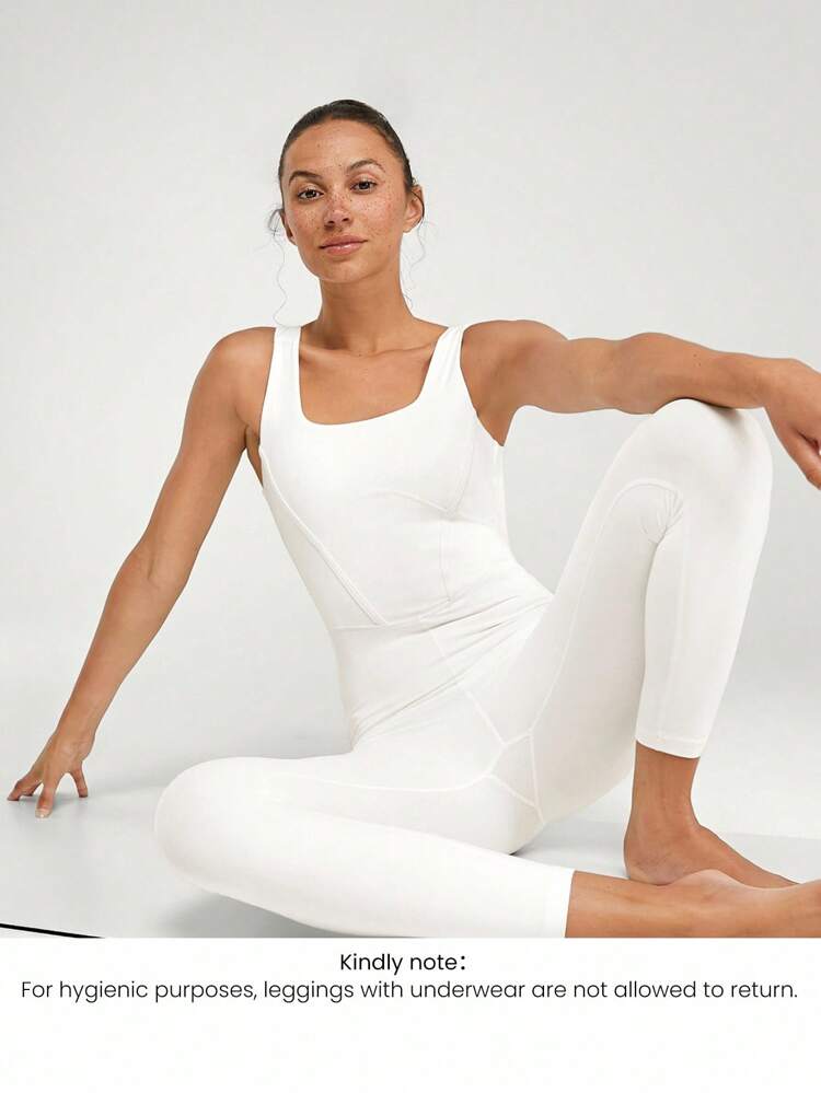 24" FeatherFit™ Tummy Control U-Back Jumpsuit With Built-In Shorts White Gym Sports  Elegant Women