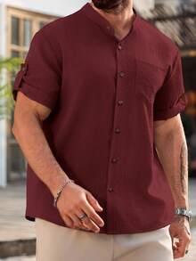 Manfinity Homme Plus Size Men's Casual Solid Color Short Sleeve Loose Fit Shirt, Summer - Red - View 4