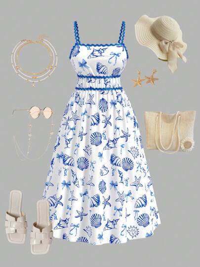 SHEIN MOD Plus Size Blue & White Ocean Creature Print Midi Wavy Strap Dress.Women Summer Dress,Birthday Dresses For Women, ,Dresses For Women