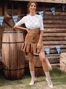 SHEIN Frenchy 女士百搭性感蕾丝啤酒节短上衣（女士）女士蕾丝边短袖上衣、女士纯色简约日常镂空蕾丝边短袖衬衫、啤酒节连衣裙、啤酒节服装、白色上衣、啤酒节、蕾丝短款上衣白色短款上衣女装夏季短款上衣女装