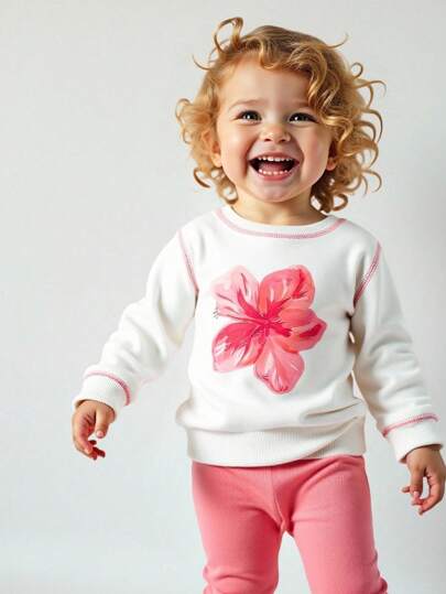 SHEIN 活力度假花卉印花女婴卫衣，花卉图案套头外套，适合节日装扮