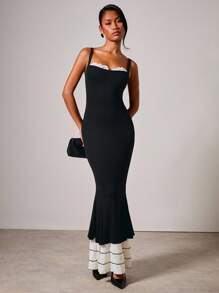 COSMINA Vestido midi elegante de mujer con bloque de color y volante en el bajo - Blanco y Negro - Ver 1