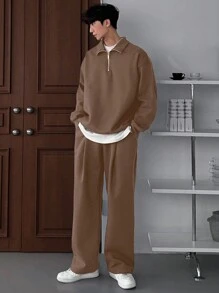 DAZY 男士纯棕色半拉链运动衫套装，秋季 - 棕色 - 查看 3