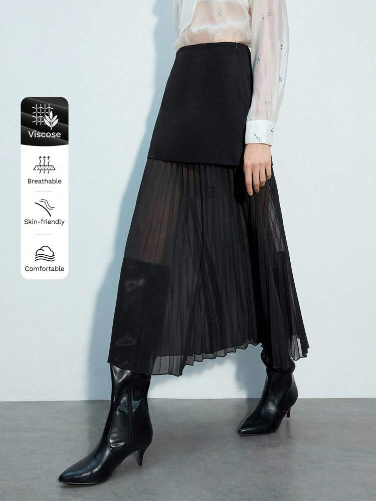 SHEIN Maija Women's Black Patchwork Pleated Design All-Matching Modern Elegant Fashionable Refined Elastic Waistband Adjustable Pleated Skirt,Suitable For Professional, Casual And Valentine's Day Wear Old Money Attire Vacation Summer Going Out Graduation Elegant Women's Blouses Casual Blouse For Women Formal Attire For Women Office Wear Women Business