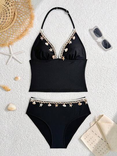 SHEIN Teen Girls Blue Ribbed Tankini Set, Adjustable Spaghetti Strap Top With Shell & Starfish Decor & Bottom Triangle Swimsuit Black Two Piece Swimsuit Black Bathing Suit Set High Waisted Bikini Set Seashell Bikini Halter Neck Bikini