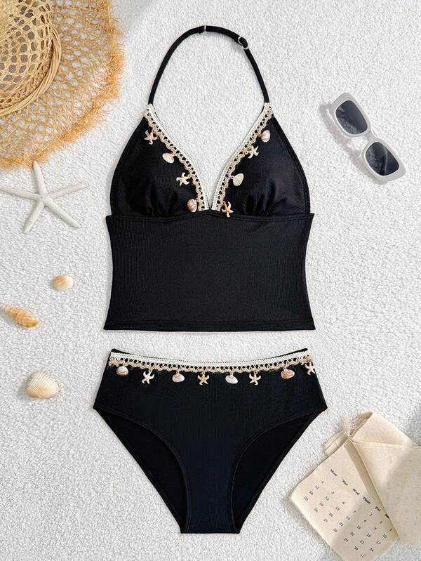 SHEIN Teen Girls Blue Ribbed Tankini Set, Adjustable Spaghetti Strap Top With Shell & Starfish Decor & Bottom Triangle Swimsuit Black Two Piece Swimsuit Black Bathing Suit Set High Waisted Bikini Set Seashell Bikini Halter Neck Bikini