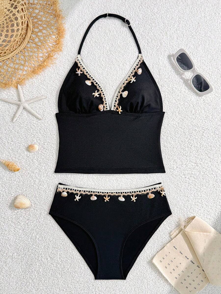 SHEIN Teen Girls Blue Ribbed Tankini Set, Adjustable Spaghetti Strap Top With Shell & Starfish Decor & Bottom Triangle Swimsuit Black Two Piece Swimsuit Black Bathing Suit Set High Waisted Bikini Set Seashell Bikini Halter Neck Bikini