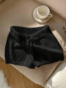 Comfortcana Plus Size Black Knitted Casual Shorts Black Knit Shorts Knit Shorts For Women Soft Knit Shorts Comfy Knit Shorts Black Lounge Shorts In Fall/Winter