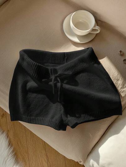 Comfortcana 大码黑色针织休闲短裤黑色针织短裤女士针织短裤柔软针织短裤舒适针织短裤秋冬黑色休闲短裤