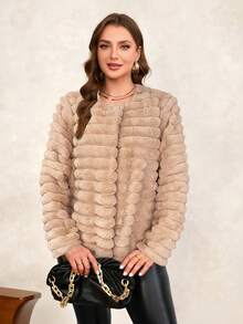 SHEIN Clasi Plus Size Elegant Solid Color Faux Fur Coat, Autumn/Winter Fall - Khaki - View 5