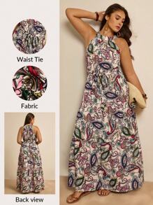 SHEIN LUNE 大码佩斯利印花荷叶边下摆系带吊带连衣裙 - 彩色 - 查看 2