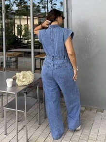 Dripcurv Bộ đồ liền thân denim rộng rãi, tay bồng màu xanh cỡ lớn dành cho nữ, trang phục năm mới, phong cách quý tộc. - Màu xanh lam - Xem 2