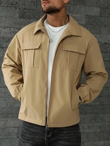 Manfinity Homme 男士休闲百搭纯色翻领实用户外风衣夹克，Old Money，秋季 - 卡其色 - 查看 4