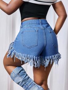 Slaydiva Shorts Denim Femininos Casuais e Versáteis com Barra Desfiada - Lavagem escura - Visão 2