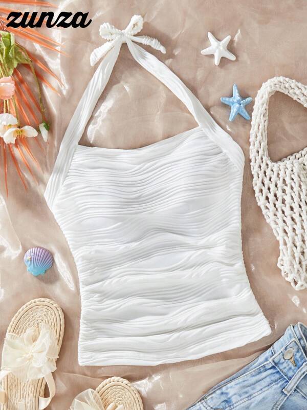 Teen Girl Fashionable & Cute Wavy Pattern Camisole With Bow Strap, Comfortable Spring/Summer Outfits For Casual Wear & Party