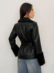 SHEIN PETITE Women's Fashion Versatile Faux Fur Patchwork Regular Jacket Black Leather Jacket Women Belted Leather Jacket In Fall/Winter