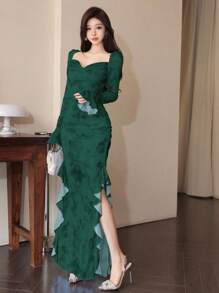 Modelyn 女士网眼花卉印花褶饰荷叶边下摆开衩优雅性感连衣裙 - 墨綠色 - 查看 3