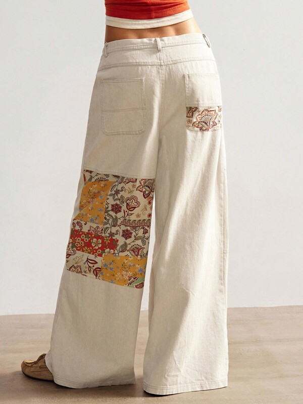 Bohemela Pantalones rectos o de pierna ancha con estilo bohemio, western y de vaquera, con parches de flores, bolsillos delanteros con botones, para mujer. Estilo vintage de país para vacaciones de verano/otoño/invierno