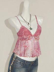 Sweetina Women's Sexy Ruffle Edge Print Cropped Backless Cami Top - Burgundy - View 8