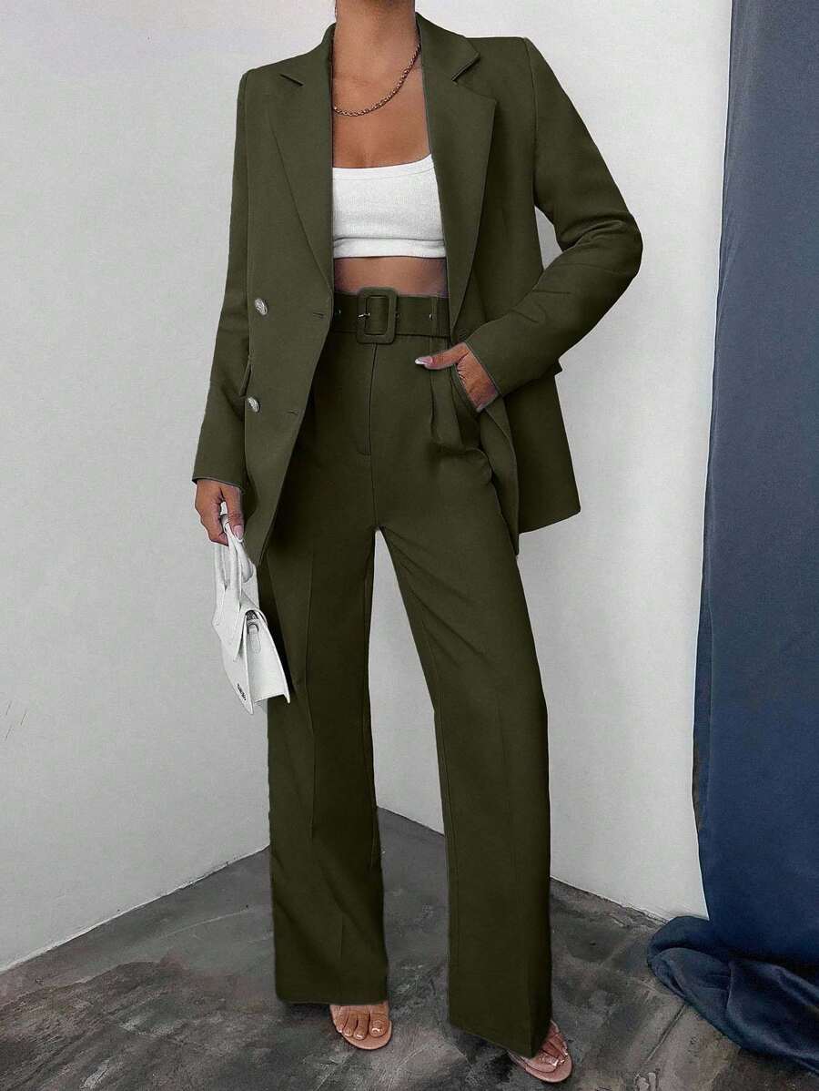 EURMUSE Women's Solid Color Double-Breasted Jacket And Pants Suit Set - Hijau Tentara - View 1