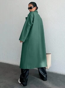 女士休闲纯色双排扣大衣，秋冬 - 墨綠色 - 查看 2
