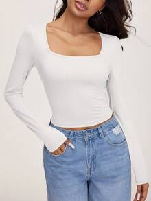 SHEIN BASICS 3件套纯色针织长袖修身圆领短款女式T恤 - 黑色 - 查看 7