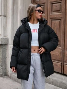 EURMUSE Fashionable Solid Color Hooded Jacket For Winter - Black - View 4