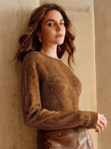 Anewsta 女式长袖圆领欧根纱透视镂空毛衣 - 咖啡棕 - 查看 5